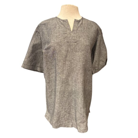 Loose-Fit Gray Split Neck Cotton Shirt By Trafaluc Denimwear - Picture 1 of 8